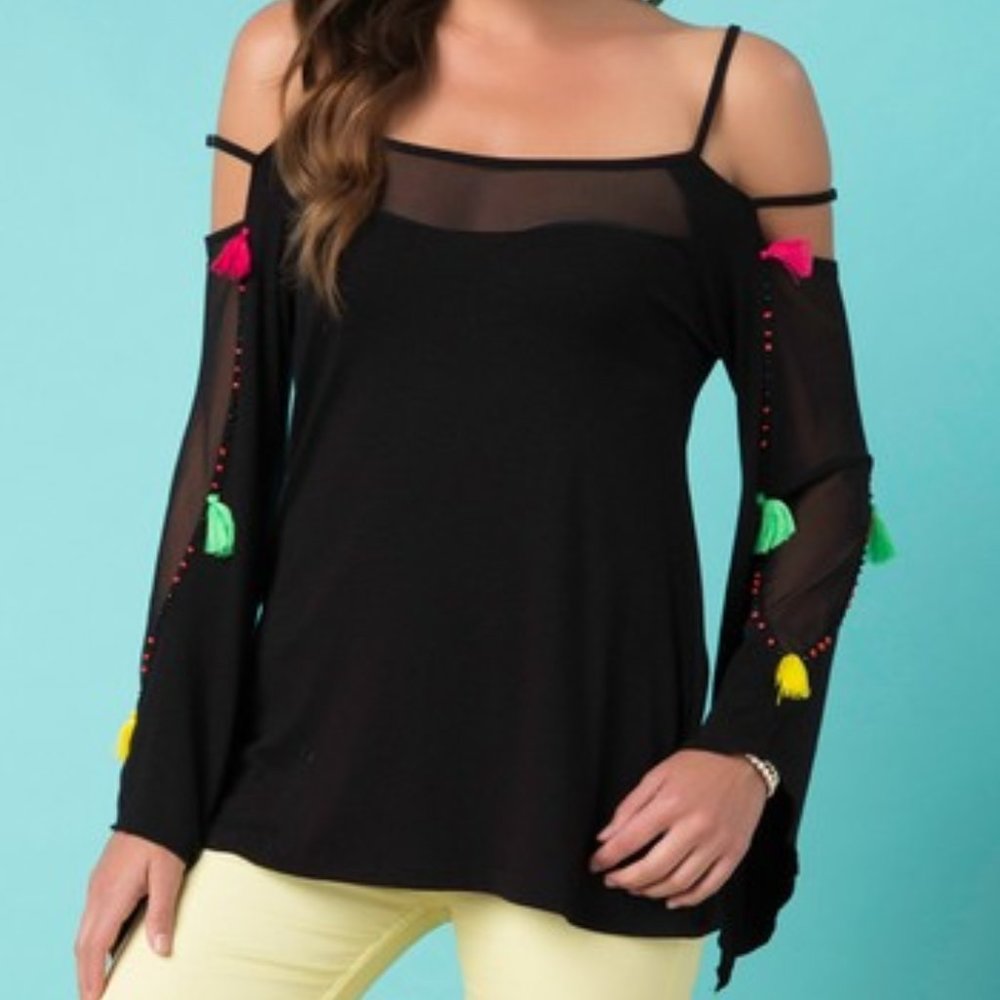 Black Tassle-Accent Off-Shoulder Top- XL